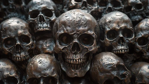 Bronze skull cluster forms dense textured sculptural wall