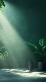 Serene tropical corner with sunlit plants and candle glow.