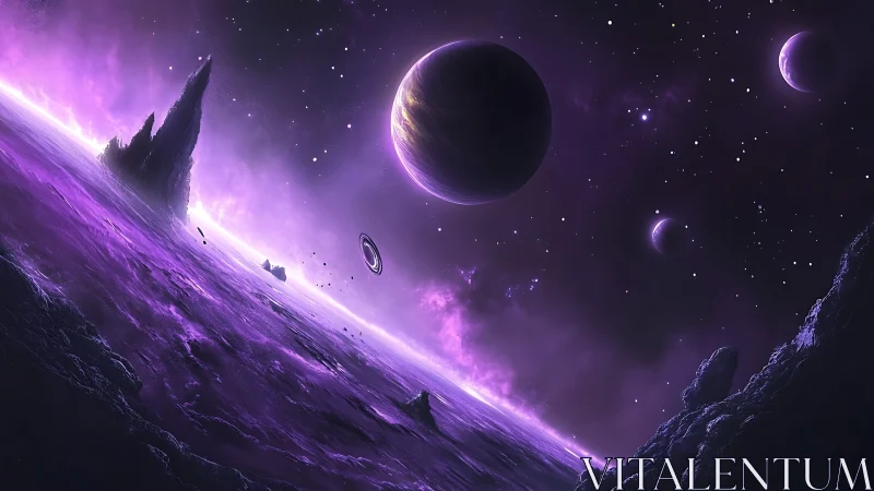 Violet alien horizon with ringed planet and distant moons.