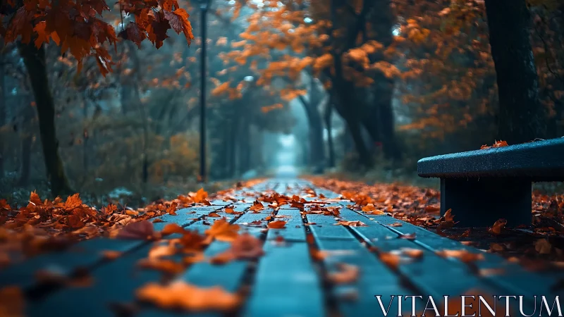 Shallow depth of field captures wet autumn path with scattered leaves