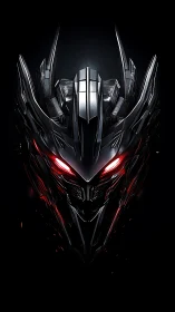 Dark metallic robotic mask with glowing red eyes centered.