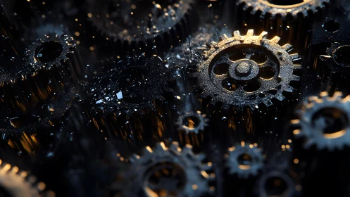 Close-Up of Metallic Gears in Motion, Dark Industrial Art Style.
