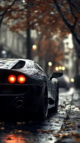 Black sports car on wet autumn city street at dusk.
