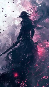Dark swordsman silhouette within luminescent ether storm.