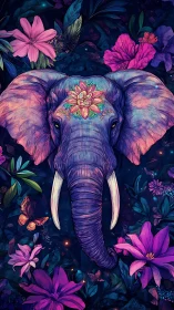 Neon elephant emerges through luminous tropical flowers.