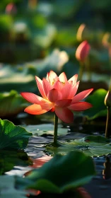 Sunlit lotus bloom rises serenely from reflective waters.
