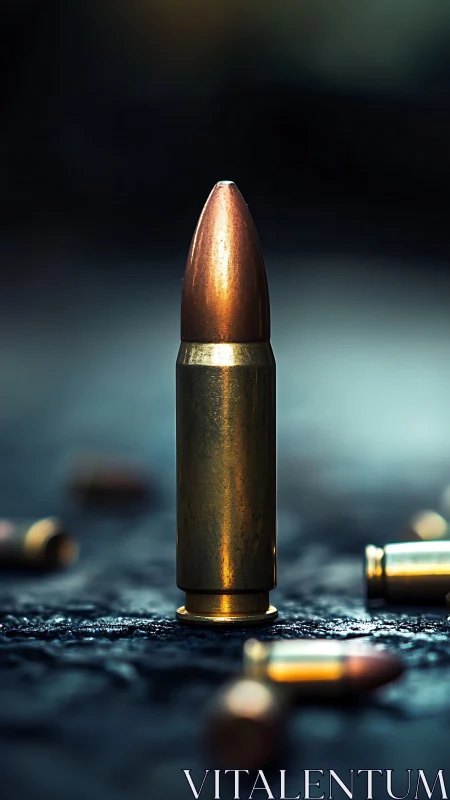 Single brass bullet stands upright against moody dark blur.
