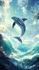 Dolphin leaping through dynamic turquoise ocean waves.