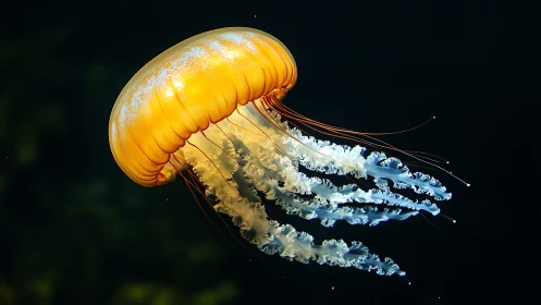 Golden jellyfish drifts through dark ocean water gracefully.