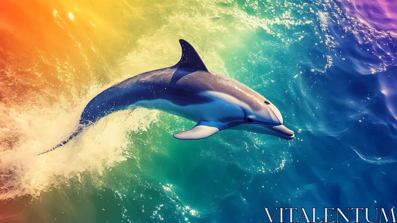 Rainbow-surfing dolphin cuts through a prism-splashed sea
