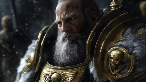 Grim warlord portrait in baroque gold power armor close-up.
