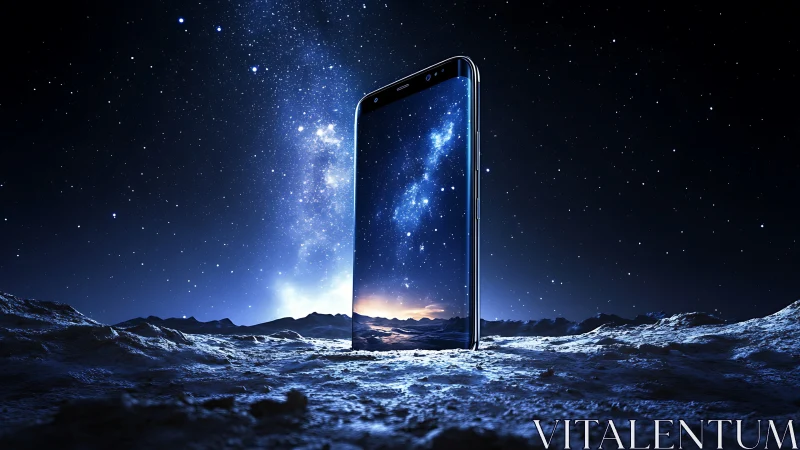 Starlit smartphone rises like a cosmic gateway on lunar ground
