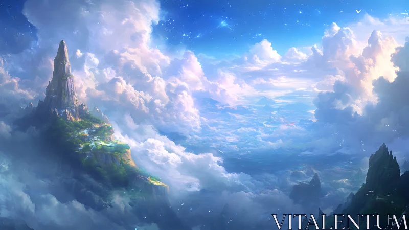 Towering mountain rises above dense luminous cloud ocean