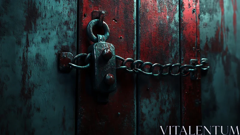 Rusty chained lock grips distressed red steel door. Period.