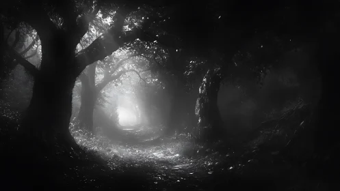 Monochrome forest path dissolves into luminous distant haze.