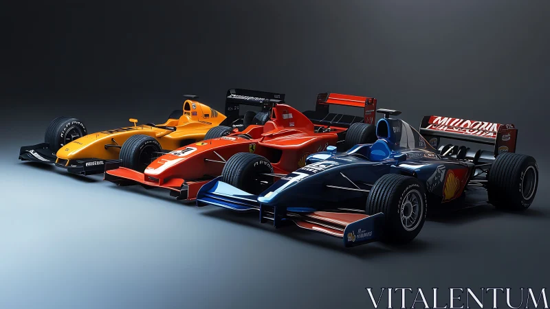 Three modern formula racing cars in controlled studio lighting.