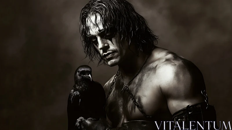 Brooding raven keeper in storm-dark warrior chiaroscuro.