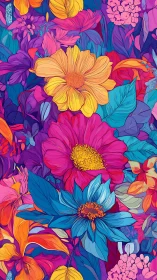 Vibrant Floral Composition: Rainbow Blooms in Bold Illustration.