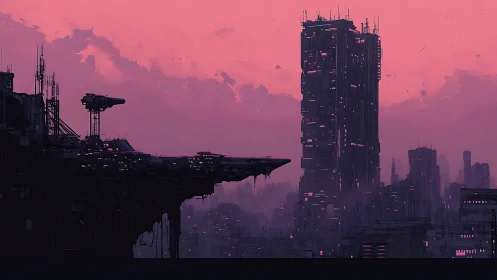 Futuristic megastructure skyline under neon magenta dusk light