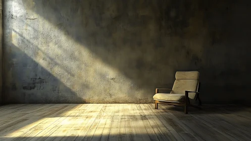 Single armchair in empty room with moody side lighting.