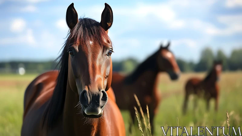 Brown horse stands in sharp focus before blurred herd mates