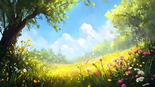 Sunlit wildflower meadow stretches beneath vibrant summer sky