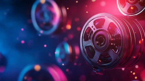 Rolling neon wheels drifting through dreamy city light.