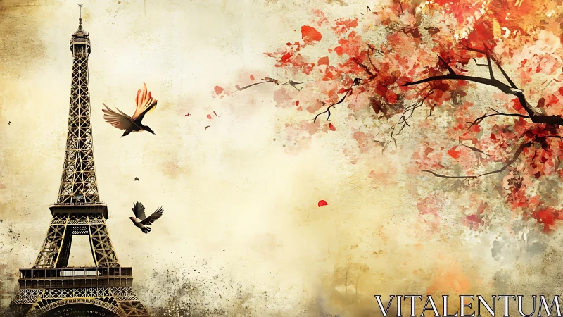 Parisian daydream with soaring birds and crimson leaves.