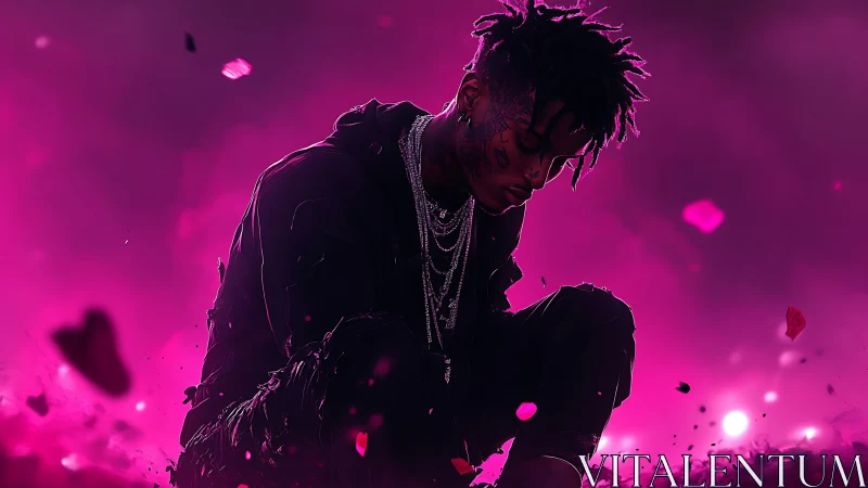 Hooded figure kneels in pink fog with falling debris