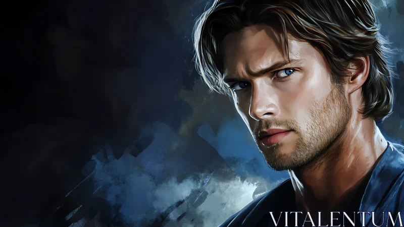 Storm-eyed wanderer in sapphire-shadowed digital portrait.