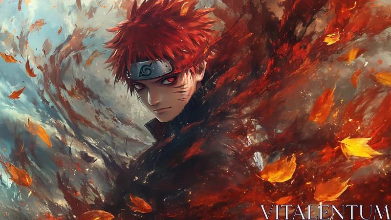 Red haired ninja stands in swirling red and blue energy field