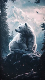 White bear resting on snowy rock below twilight peaks.