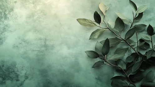 Green leaves extend across a textured turquoise surface