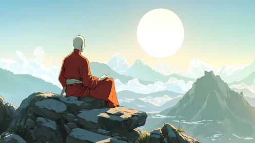 Solitary monk meditating on sunlit alpine summit horizon.