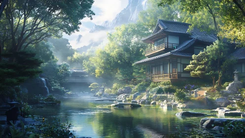 Morning hush over riverside Japanese retreat in green bloom.