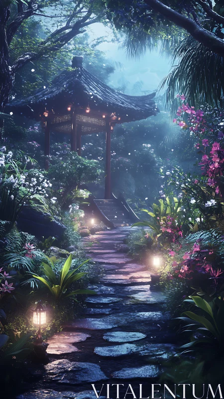 Stone path to lantern lit pavilion in lush night garden.