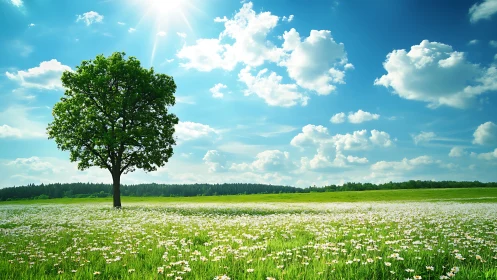 Single green tree in bright daisy meadow under blue sky.