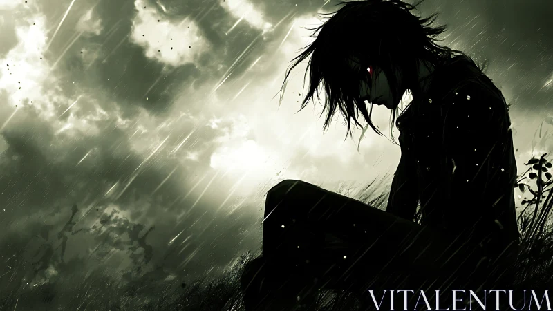 Solitary dark figure sits in storm rain under glowing sky