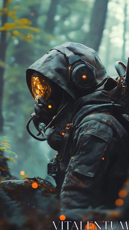 Hooded explorer in glowing respirator within misty forest.
