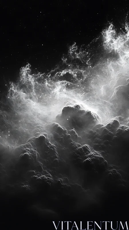 Monochrome volumetric cloud formation against star field backdrop