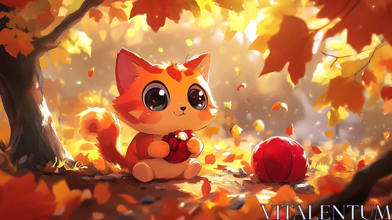 Adorable Orange Cat Among Glowing Autumn Leaves