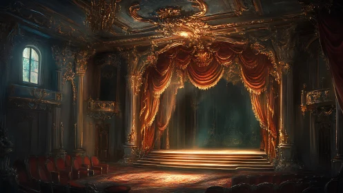 Ornate theater stage with red drapery and tiered platform.