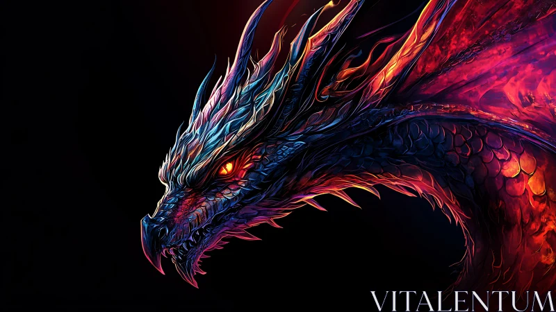 Luminous fire-dragon profile in neon edged digital painting.