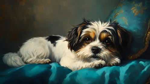 Gentle small dog rests on teal satin in warm, soft light