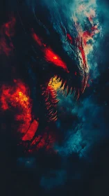 Fiery dragon spirit rises from shadows in swirling stormlight