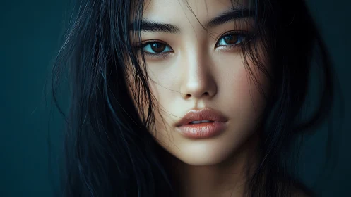 Storm-swept gaze in teal hush, digital portrait spellbound.