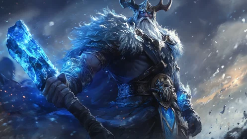 Storm-lit ice warlord strides through a roaring winter sky.