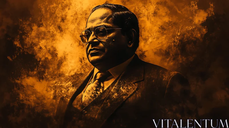 Stoic suited man rendered in dramatic amber smoke light