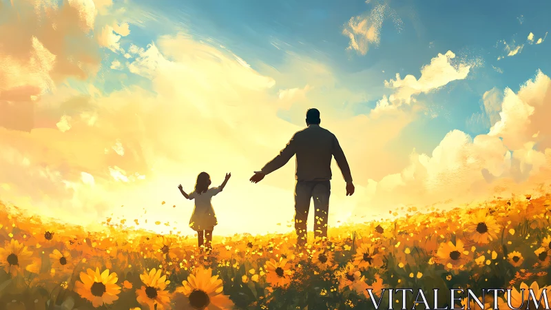 Father and daughter walk into glowing sunflower horizon.