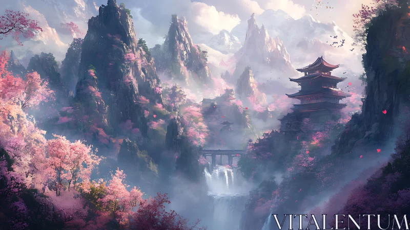 Cherry blossom mountains frame tiered pagoda in misted valley